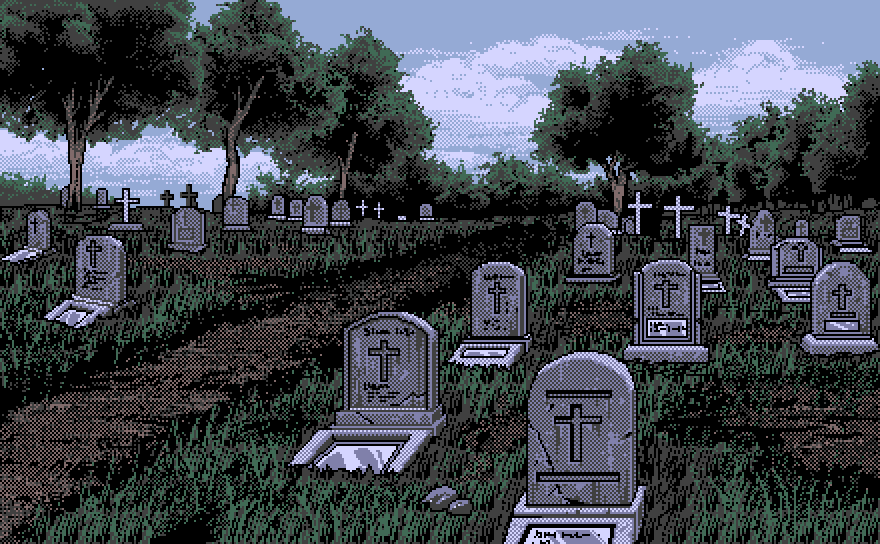 pixel art of a cemetery by day