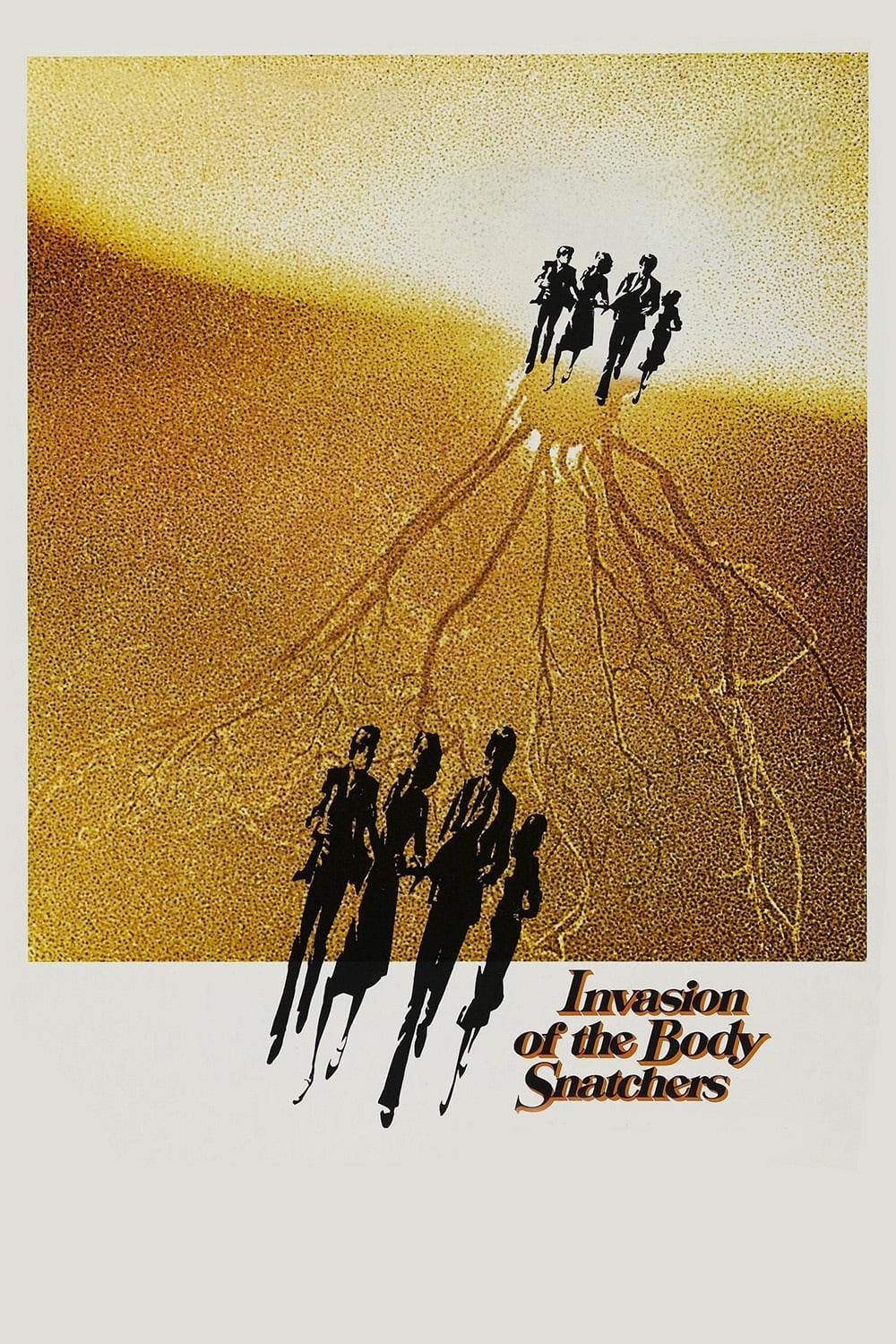 poster for the movie invasion of the body snatchers of people running towards the viewer with organic looking stuff in the background 