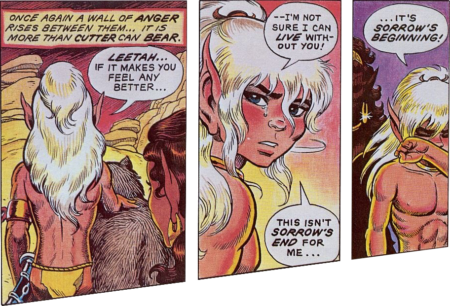 Three panels of ElfQuest that show a scene in the desert during sunset between Cutter and Leetah.