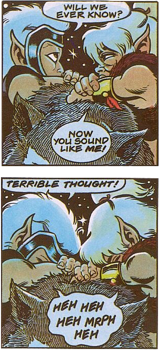 Two vertical panels of the ElfQuest comic that show Cutter and Skywise joking and resting their head on Cutter's wolf.
