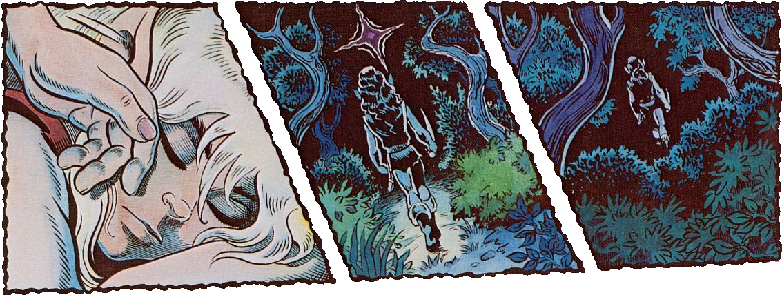 Three horizontal panels of ElfQuest that display a scene in a forest by night. Someone is caressing Cutter's cheek and walking away into the darkness.
