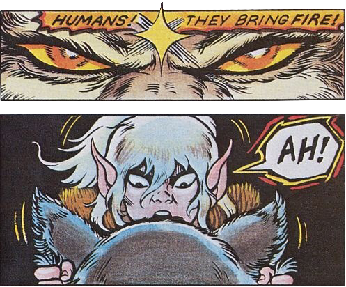 Two vertical panels of ElfQuest that show Cutter's wolf warning Cutter that humans are coming.
